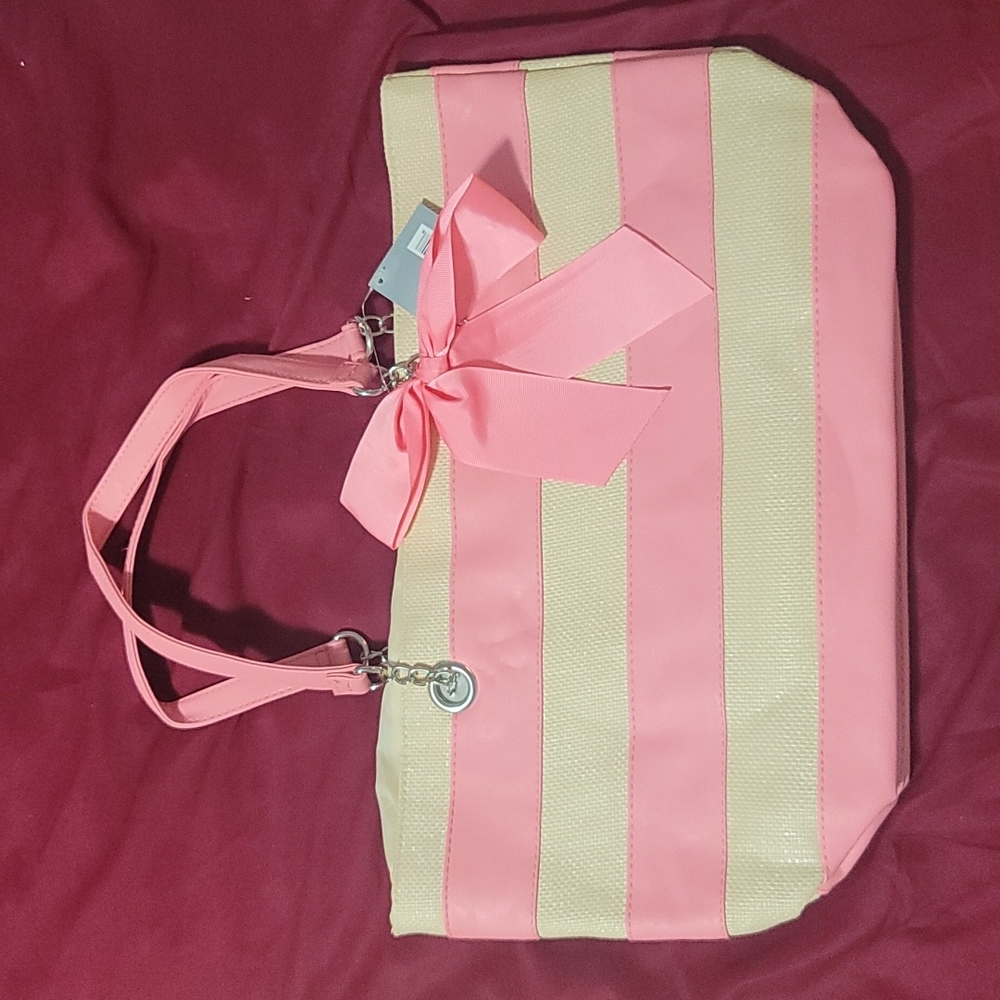 Large pink cream stripe ulta tote bag purse. Brand new. Original packaging